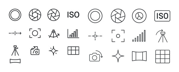 Photography icons set: shutter, iso, focus, tripod, histogram, g