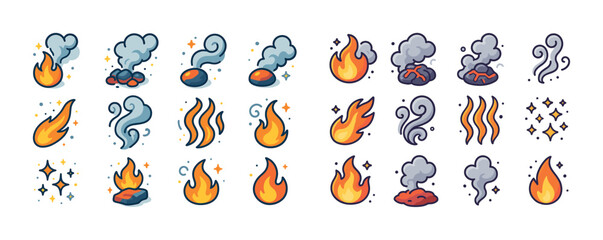Collection of cartoon fire and smoke icons with dynamic motion l