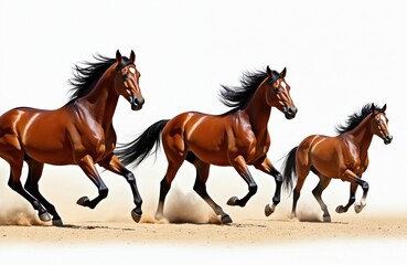 Fototapeta premium Three brown horses with black manes run fast across a sandy desert. Their powerful bodies show muscular strength and grace. Dust kicks up from hooves. They move together side by side.