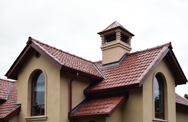 Obraz premium Red metal roof tiles cover house exterior, featuring a large decorative chimney. Two arched windows punctuate the tan facade, with brown gutters directing water away from the home structure.