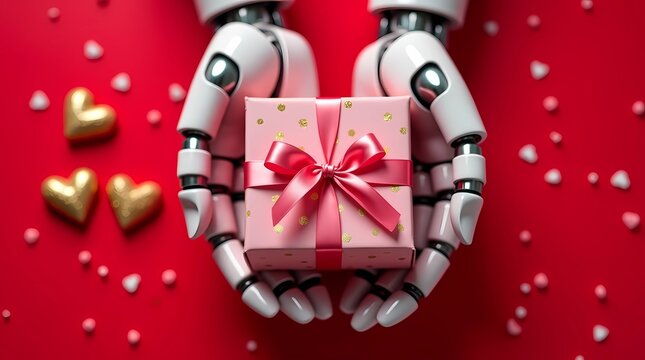 A robot holding a gift box - Powered by Adobe