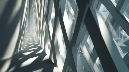 Architectural Geometry: An abstract perspective of modern building interior, featuring geometric pattern of lines and shadows. The play of light and shadow, highlighting structure and design.