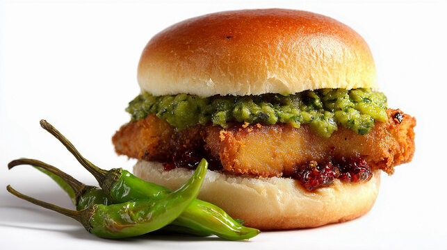 Spicy fried vada pav isolated on white background 