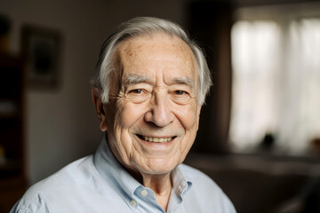 Portrait of senior old 90 years man with gray hair, looking smily in camera. Elderly retired grandfather at home, stays alone for quarantine of covid-19. Positive, hopeful mood.