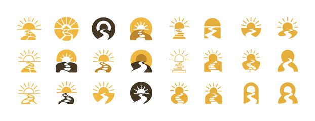 Fototapeta premium Sunrise path symbols: abstract icons representing journey and ne
