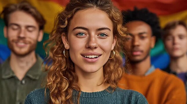 Portrait of a diverse group, with focus on a young woman smiling, against a rainbow flag. The group represents diversity and inclusion, with individual expressions suggesting togetherness