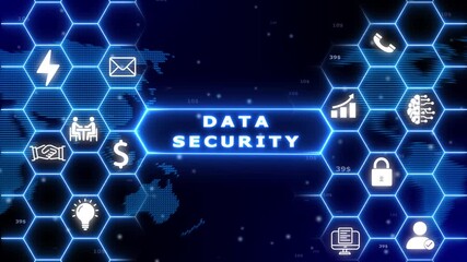 Digital data security concept with glowing blue hexagons and representing global connections and financial transactions on a dark background - Powered by Adobe