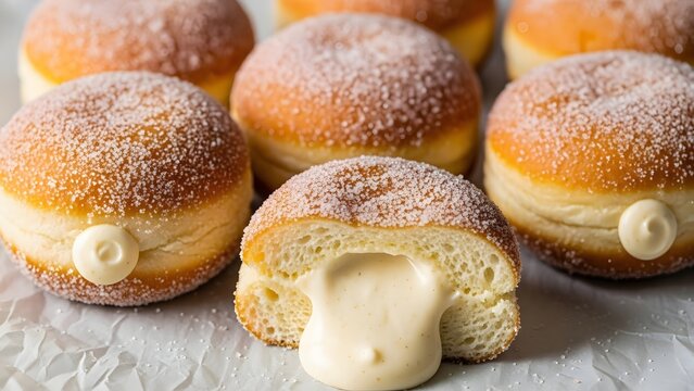 Close-up of several sugar-dusted donuts, one cut open to reveal a rich, creamy white filling oozing out, presented on white paper.
