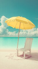 Fototapeta premium Empty Beach Scene With Yellow Umbrella And White Chair