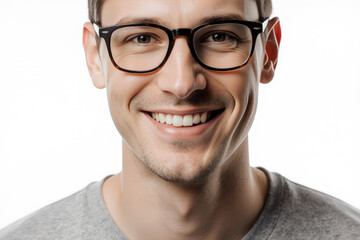 Close-up of handsome modern guy in glasses, smiling and looking at camera, standing over white background