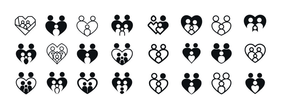 Collection of family and couple icon designs in various heart sh