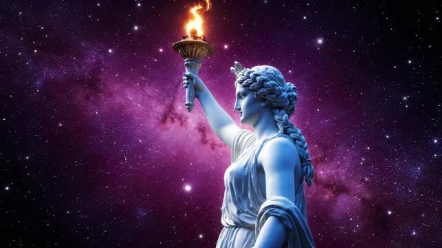 Statue holding torch against cosmic sky. Marble sculpture shows goddess portrait beneath star filled space. Mythology theme uses celestial lighting and vibrant color. Dramatic serene composition.