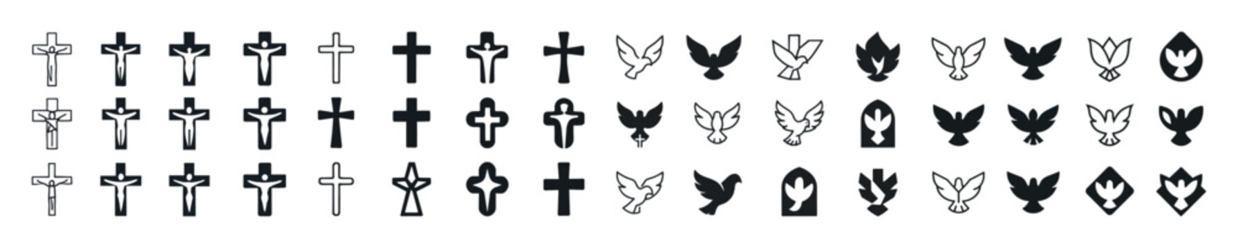 Collection of cross and dove religious symbols in various design