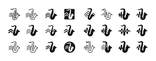 Collection of saxophone icons in various styles and designs