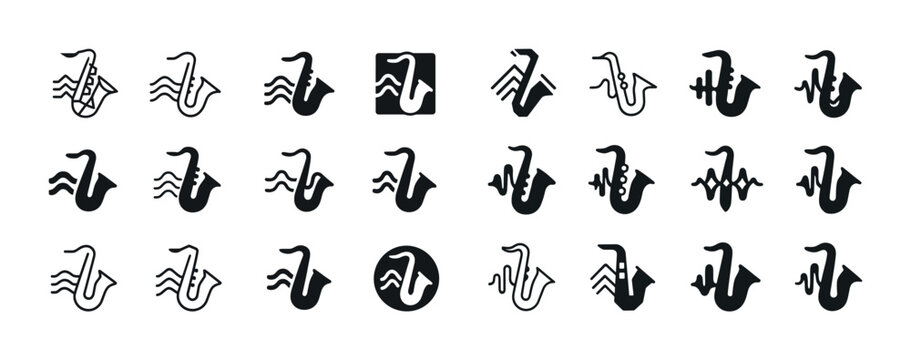 Collection of saxophone icons in various styles and designs