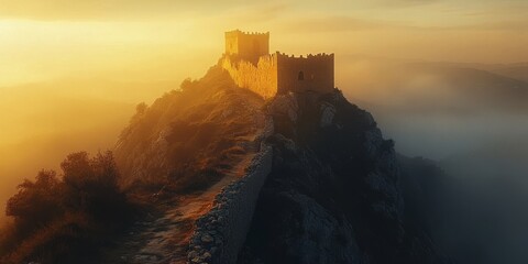 Fototapeta premium Medieval castle ruins emerging from fog at golden hour
