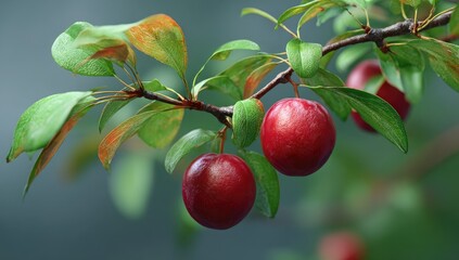 Red plums hang from branch with green, orange leaves