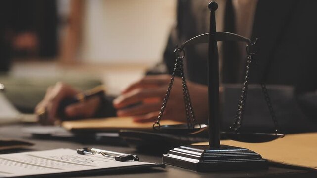 Law theme, mallet of the judge, law enforcement officers, evidence-based cases and documents taken into account