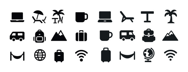 Vacation and travel icons: laptop, palm trees, mug, luggage, wif