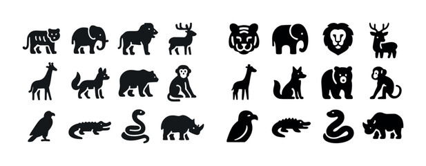 Silhouette illustrations of diverse wildlife animals including l
