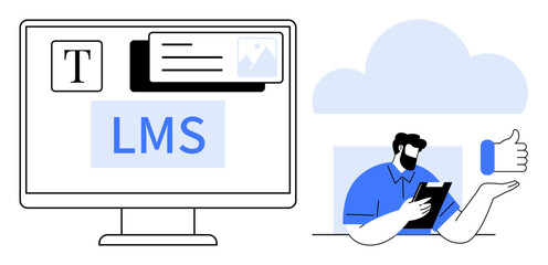 Online learning, cloud-based platforms, business education tools, remote study solutions, e-learning systems, technology innovation. LMS dashboard and man with tablet. Online learning and platforms