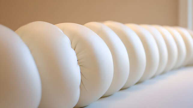contrapositive. A minimalist, flowing arc of upholstered seating on a blurred neutral background. real-estate listings.