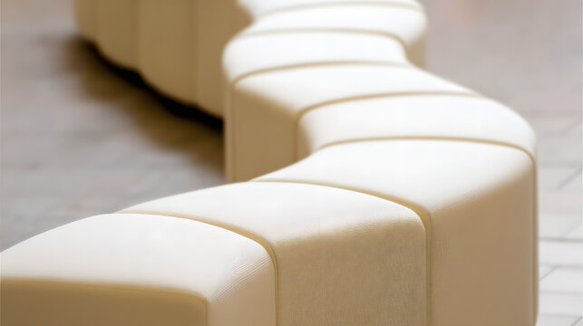 contrapositive. A minimalist, flowing arc of upholstered seating on a blurred neutral background. real-estate listings.
