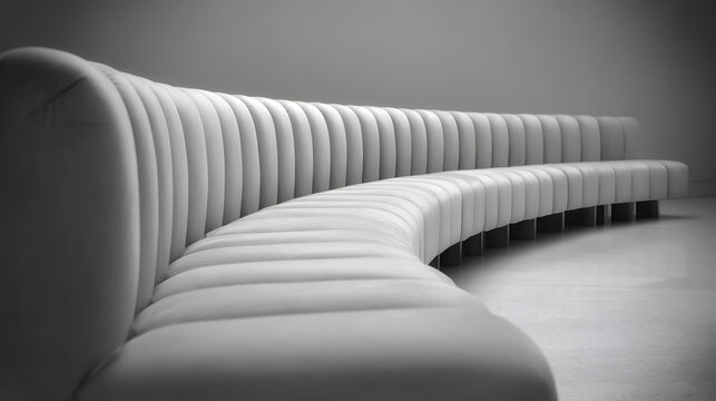 contrapositive. A minimalist, flowing arc of upholstered seating on a blurred neutral background. real-estate listings.