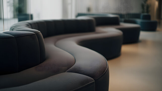 contrapositive. A minimalist, flowing arc of upholstered seating on a blurred neutral background. real-estate listings.