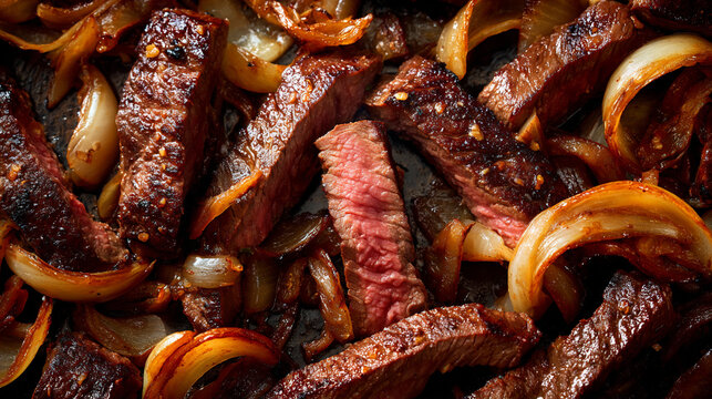 Top View of Brazilian Boteco Style Filet Mignon Strips with Caramelized Onions