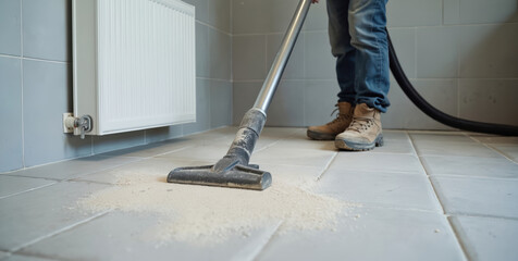 Fototapeta premium Man uses industrial vacuum cleaner to remove dust on tiled floor after construction. Worker cleans debris near radiator in room. Pro cleanup of building site.