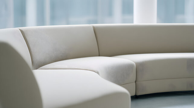 contrapositive. A minimalist, flowing arc of upholstered seating on a blurred neutral background. real-estate listings.
