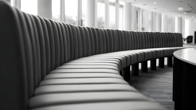 contrapositive. A minimalist, flowing arc of upholstered seating on a blurred neutral background. real-estate listings.