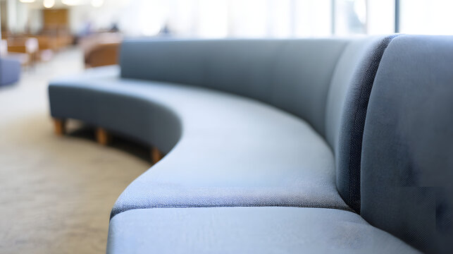 contrapositive. A minimalist, flowing arc of upholstered seating on a blurred neutral background. real-estate listings.