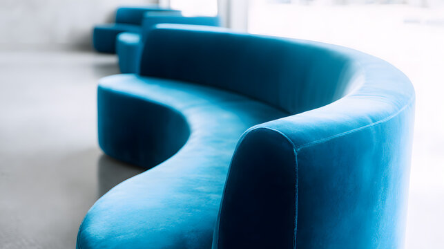 contrapositive. A minimalist, flowing arc of upholstered seating on a blurred neutral background. real-estate listings.