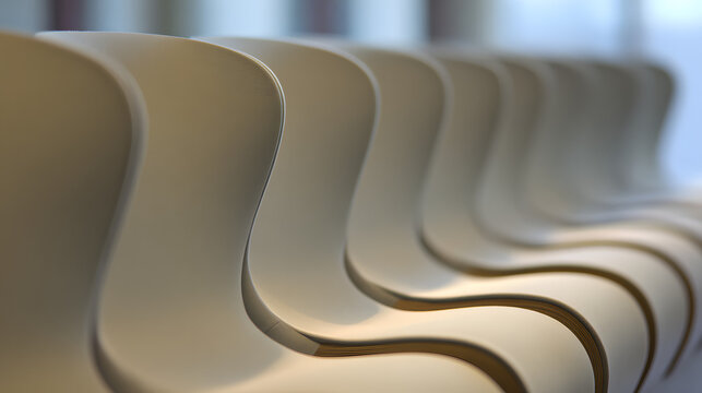 contrapositive. A minimalist, flowing arc of upholstered seating on a blurred neutral background. real-estate listings.