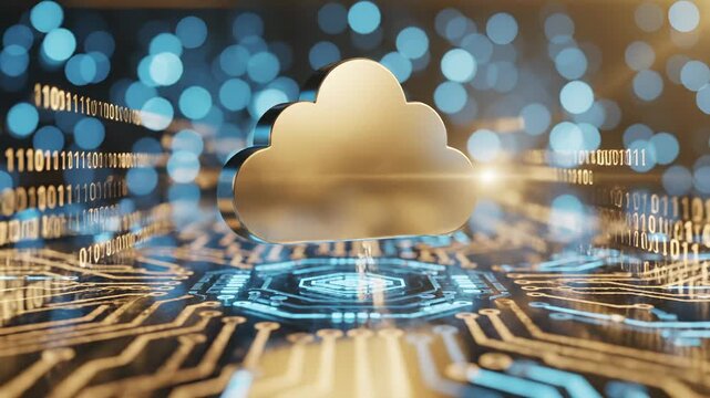 Cloud computing icon hovers over circuit board with data streams flowing. Digital cloud connects to network circuit. Cloud technology with data on circuit board. Binary code flows to cloud icon.