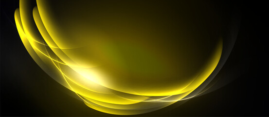 Abstract golden waves radiate from bright center. Dark background emphasizes luminous curves, creating dynamic visual effect.