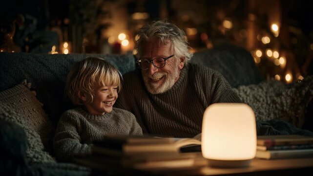 A grandfather and his grandchild share joyful moments in a cozy living room. They read together, surrounded by soft light and a warm atmosphere, making memories on a peaceful afternoon.