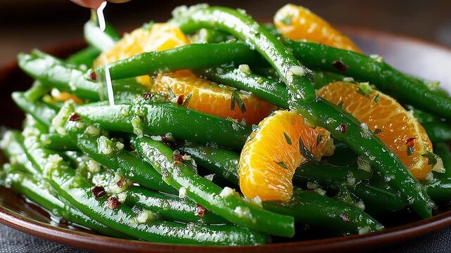 In a cozy kitchen, vibrant green beans are tossed with slices of fresh oranges. This refreshing dish is seasoned perfectly, inviting taste buds to enjoy a burst of flavors.