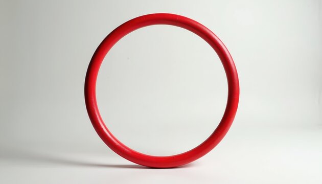 Red gymnastics hoop lies on white background. This sports equipment is used for fitness and rhythmic gymnastics practice. It represents flexibility and balance in sport.