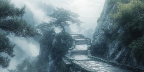 Stone stairway leading to misty mountain temple in huangshan, china