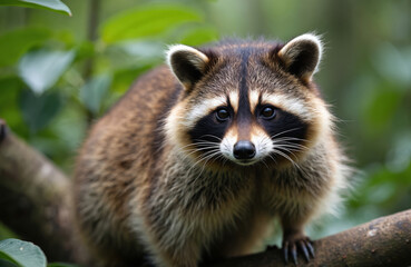 Fluffy raccoon sits on tree branch. Small mammal with mask face looks directly into camera. Wild animal in green forest nature. Cute creature paws grip bark.