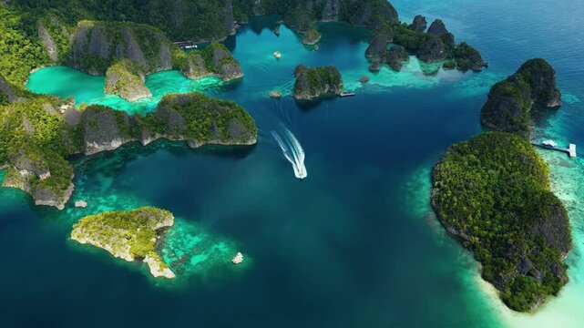 Raja Ampat, Indonesia: Aerial drone footage of a boat leaving the Piaynemo viewpoint famous for its limestone karst landscape in Raja Ampat archipelago in West Papua in Indonesia.