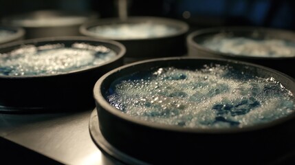 Medium shot of bubbling plating baths with ecoconscious materials showcasing sustainable production steps in an advanced plating technology environment.