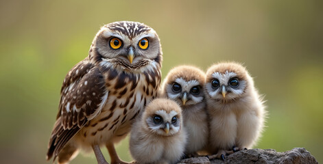 Mother owl, three fluffy chicks sit closely together on tree branch. Large round eyes stare directly forward, conveying curiosity, innocence. Parent owl watches attentively, protecting young brood in