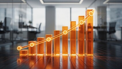 Exponential business growth featuring a rising 3D bar graph made of glowing translucent amber glass.