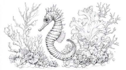 Fototapeta premium Detailed seahorse illustration surrounded by coral and marine life. Ideal for coloring books, educational materials, or art prints