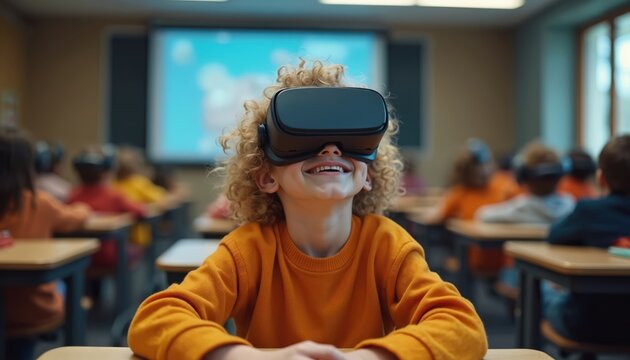 Young student wears VR headset in modern classroom. Kids learn with virtual reality tech. Future education is immersive and interactive. Digital learning advances classroom experience. - Powered by Adobe