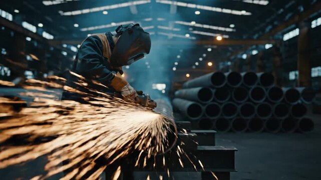 industrial night factory setting worker in full safety gear grinding thick steel pipes intense sparks flying slow motion rows of heavy metal pipes on ground cinematic lighting orange and blue contrast